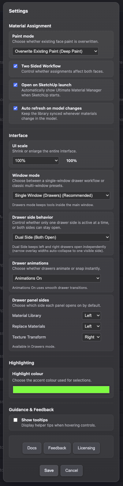 Ultimate Material Manager settings